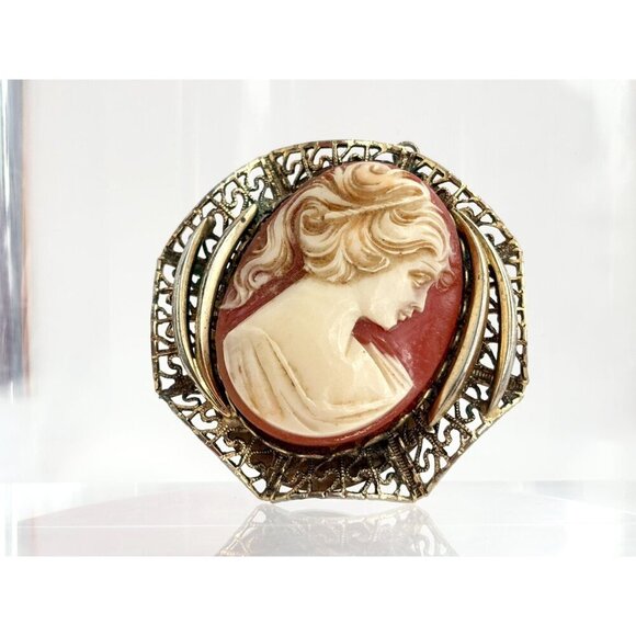 XL Dark Gold Toned Oval Carved Faux Cameo Vintage Pendant Bypass Frame - Picture 2 of 10